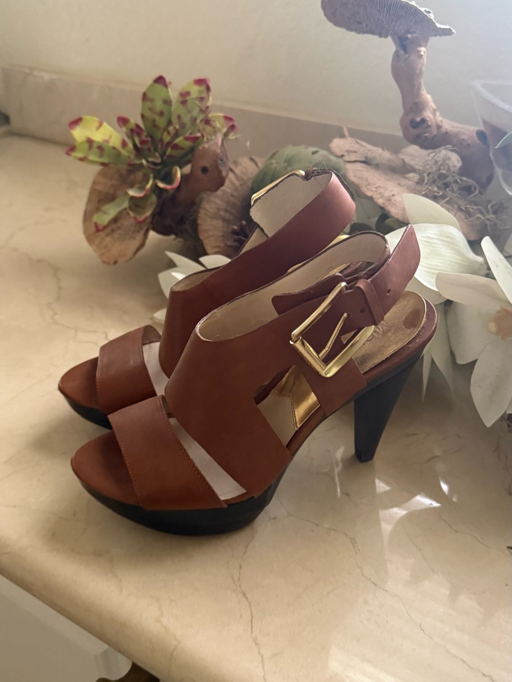 Michael Kors Brown Leather Open-Toe Heels with Gold Buckle
